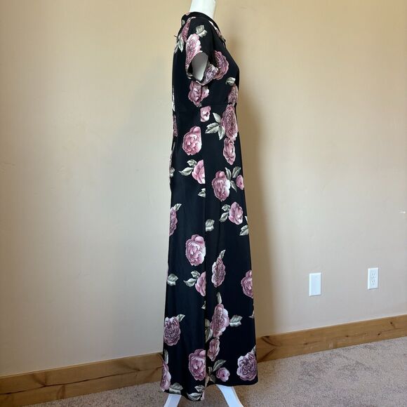 BYER TOO! Vintage 90s Black Floral Print Maxi Dress Empire Waist Key Hole Collar - Picture 6 of 11